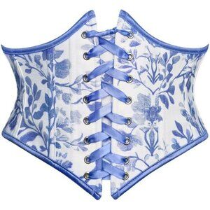 Women's Blue Floral Lace Up Boned Underbust Darkness Corset  Waist Belts